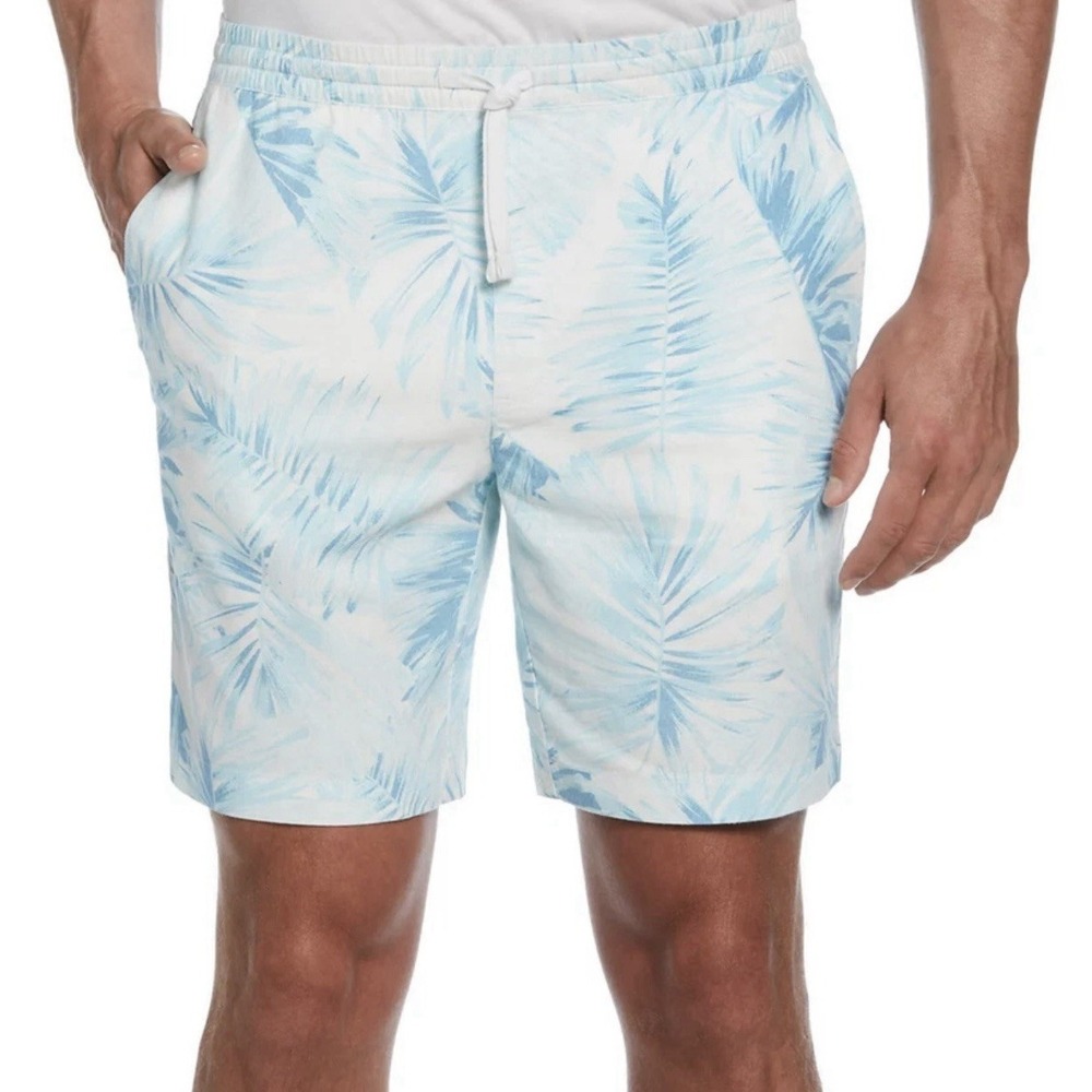 Cubavera‎ Men's XL Linen Palm Frond Drawstring 8" Shorts Aqua Esque NWT